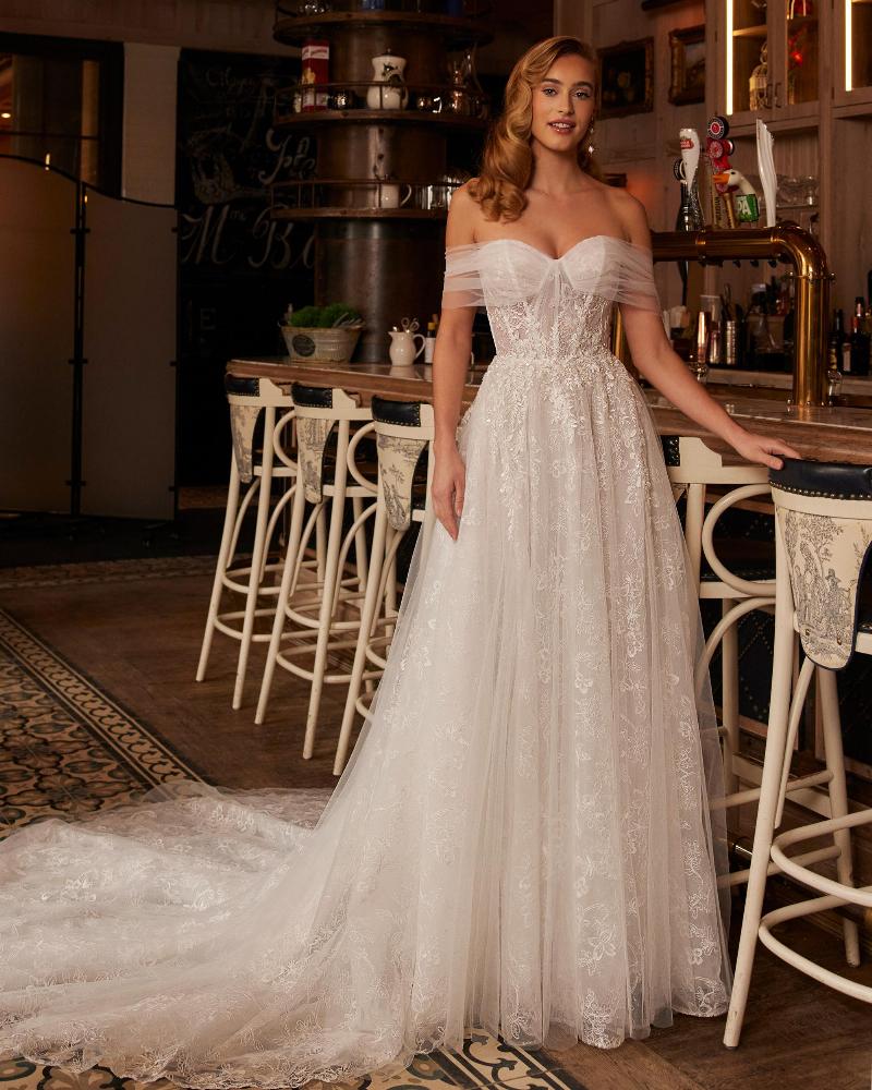 La22247 simple off the shoulder wedding dress with pockets and a line silhouette3